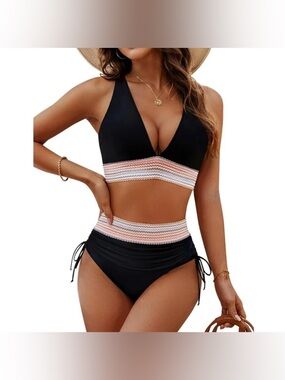 Blooming Jelly Black Swimsuit Set with Multicolor Waistband